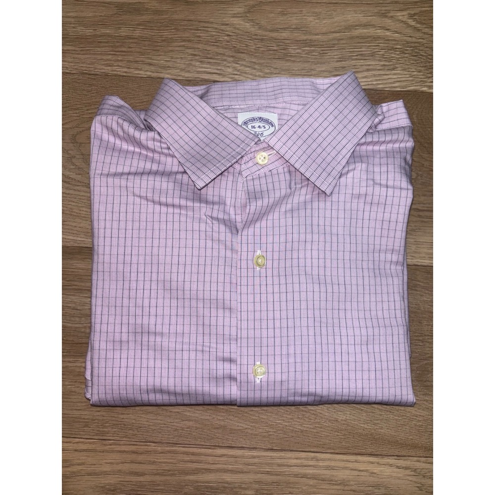 Brooks Brothers 346 Dress Shirt Mens 16 4/5 Pink Check Non-Iron Regular Fit